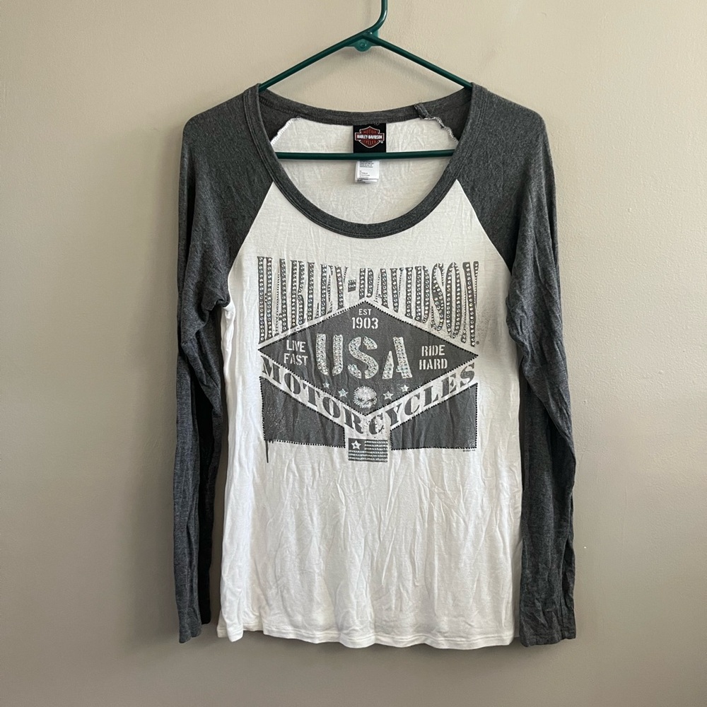 Harley Davidson Burnout Baseball Tee - Woman's White Grey Rhinestone Graphic - Picture 6 of 6